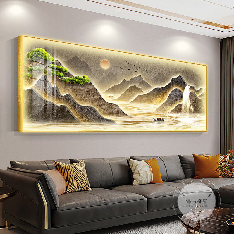 轻奢流水生财客厅装饰画led灯茶室山水画高级感沙发背景墙壁挂画