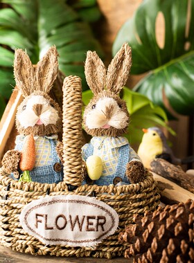 JK慕空间 迷你小号手工天然草编兔子 可爱动物花园阳台装饰摆件