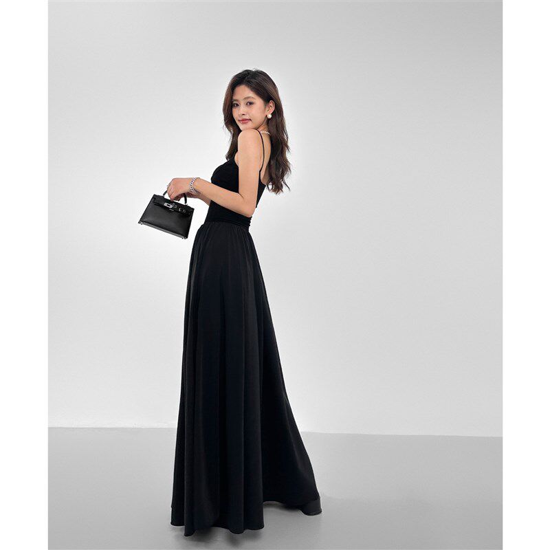 针织无袖吊带连衣裙女夏假两件修身收腰紧身打底拼接背心a字长裙