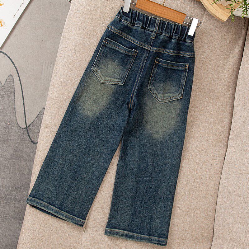 女童牛仔裤秋冬一体加绒2024新款女孩直筒裤子儿童春秋宽松阔腿裤