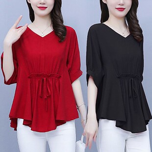 大码女装夏装胖妹妹mm遮肚子肉显瘦雪纺衫上衣女妈妈宽松短袖t恤