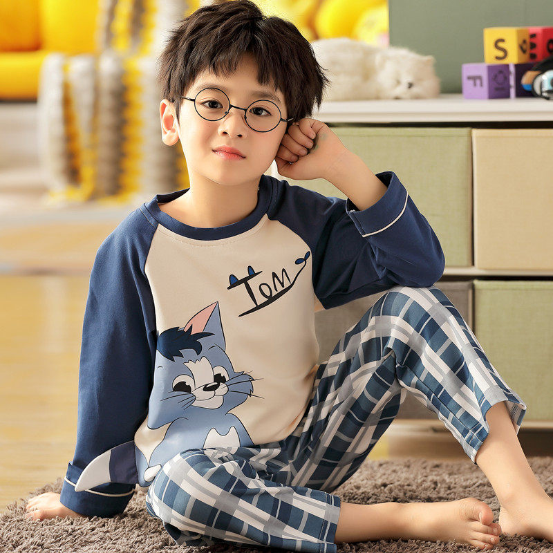 儿童睡衣男童纯棉长袖春秋季小孩中大童全棉卡通夏薄款家居服套装