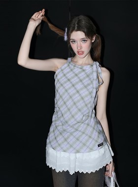 CyNi 甜美蕾丝拼接挂脖连衣裙上衣女夏季新款甜辣可盐可咸高级感o