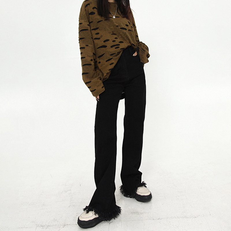 大码黑色牛仔裤女胖妹妹高腰mm宽松弹力微喇叭显瘦拖地阔腿裤百搭