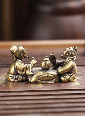 茶道铜艺铜宠小摆件复古铜雕喝茶老人铜趣铜手把件古玩小铜器铜玩