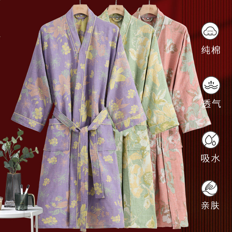 纯棉纱布浴袍女四季通用薄款吸水长袖春夏睡袍家用洗澡成人浴衣夏