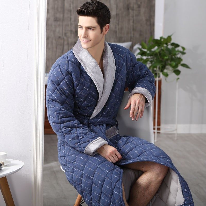 毕求美秋冬季男士浴袍加厚保暖睡衣纯棉夹棉睡袍长款全棉浴衣男款