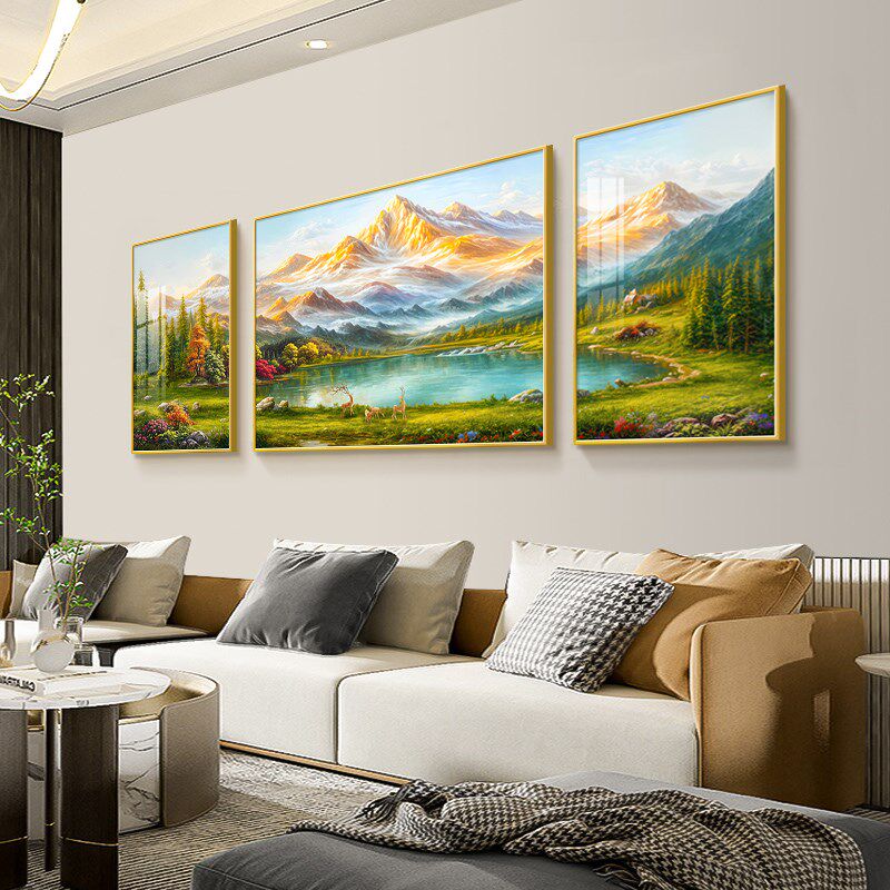 聚宝盆客厅装饰画山水风景油画沙发背景墙挂画轻奢高级感三联壁画