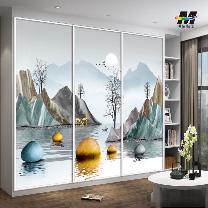 新中式衣柜门贴纸定做家具翻新推拉移门玻璃膜不透防水自粘发财鹿