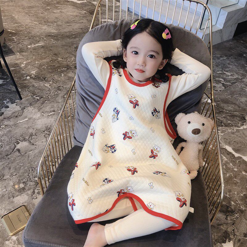 宝宝春秋夹棉背心睡袋卡通男孩家居服纯棉无袖连体衣女童秋冬睡袍