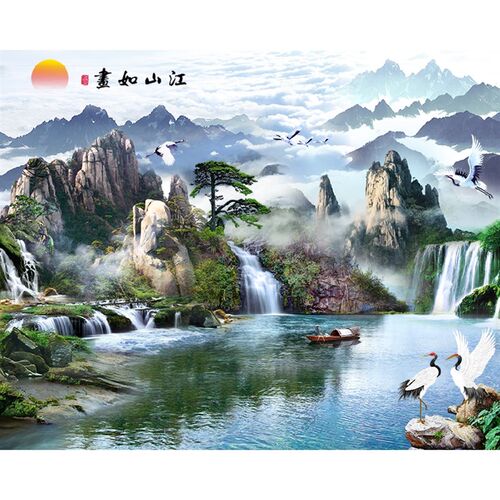 高清晰横版江山如画迎客松流水生财仙鹤风景山水背景墙壁装饰贴画