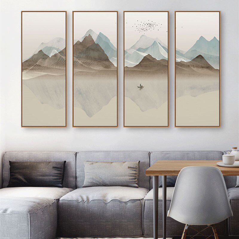 客厅墙面新中式挂画灰色山水抽象简约装饰画四联整幅配画沙发背景