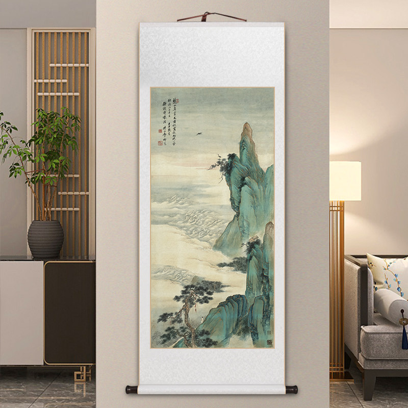 仙山楼阁图青绿山水仿古挂画新中式客厅装饰画书房茶室玄关画画国