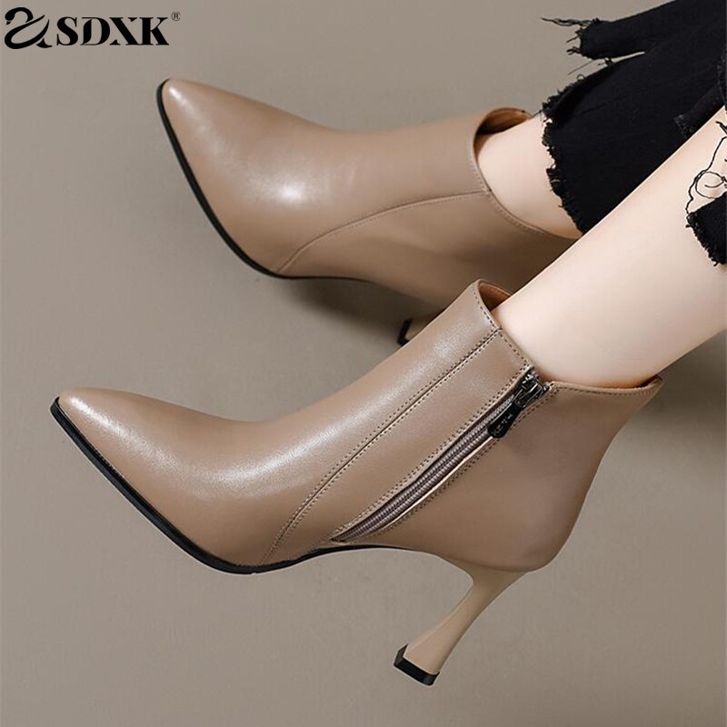 SDXK细跟高跟鞋女短靴2025秋冬季新加绒皮鞋款尖头小踝靴时尚单靴