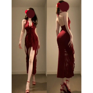 性感开叉轻礼服长裙女 微胖风情万种红色挂脖v领连衣裙女夏季