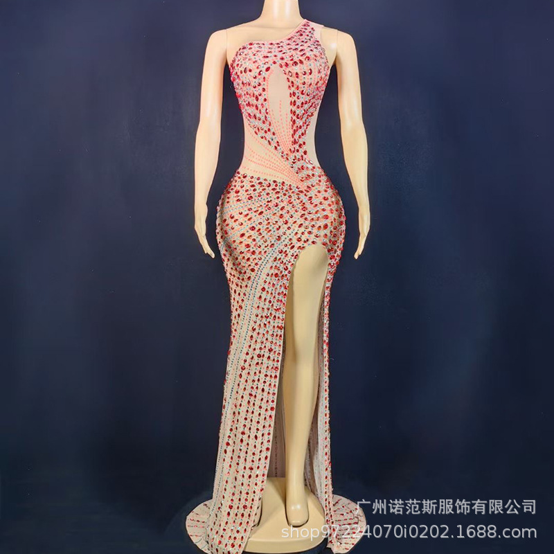 欧美性感侧开叉精致亮钻高端名媛派对晚礼服影楼展厅主题秀