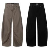 子 男女宽松休闲弯刀裤 美式 复古cleanfit水洗美拉德廓形褶皱牛仔裤