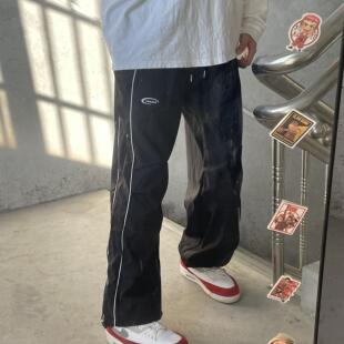 ins vintage解构春夏男女运动直筒阔腿长裤 美式 街头条纹复古休闲裤
