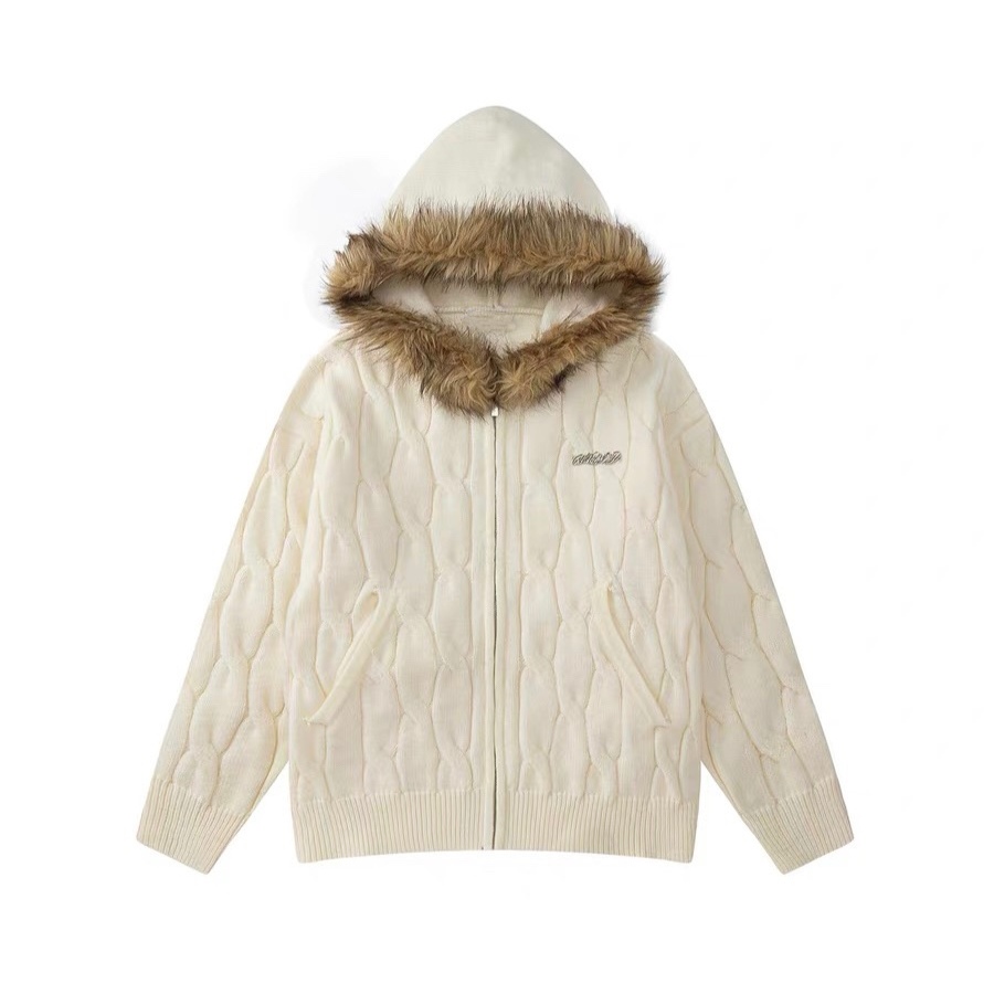 美式复古扭花毛领连帽毛衣开衫外套男女春秋新款针织衫上衣潮牌