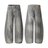 美式 宽松阔腿情侣长裤 高街做旧cleanfit泼墨弯刀牛仔裤 男女春秋季