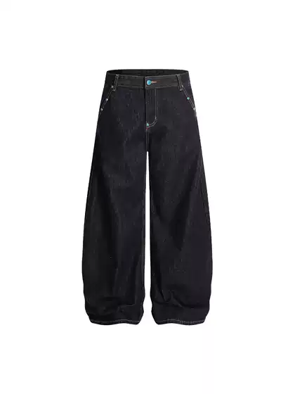 American Retro Turquoise Studded Raw Denim Jeans Unisex Loose Scimitar Wide-Leg Pants Trendy New Style