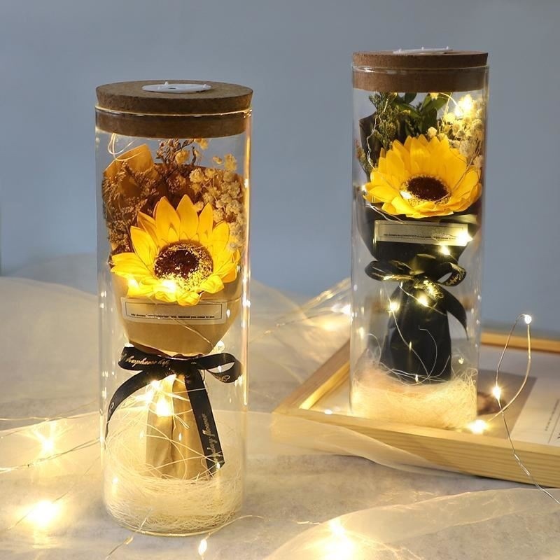 干花永生花向日葵满天星许愿瓶夜灯玻璃罩生日情人节送女生摆件