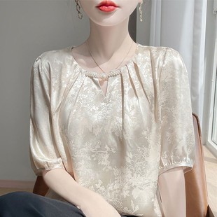 桑蚕丝缎面褶皱提花圆领短袖 夏季 t恤女宽松百搭国风盘扣真丝上衣
