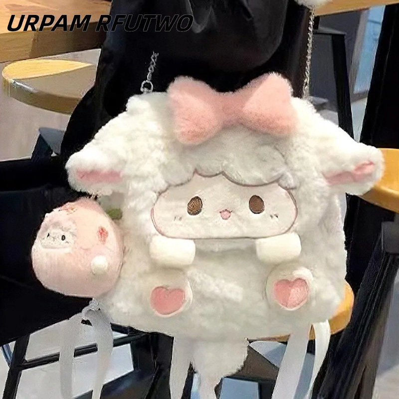 新款卡通毛绒蝴蝶结小羊毛绒公仔双肩包少女心软萌可爱学生双肩包