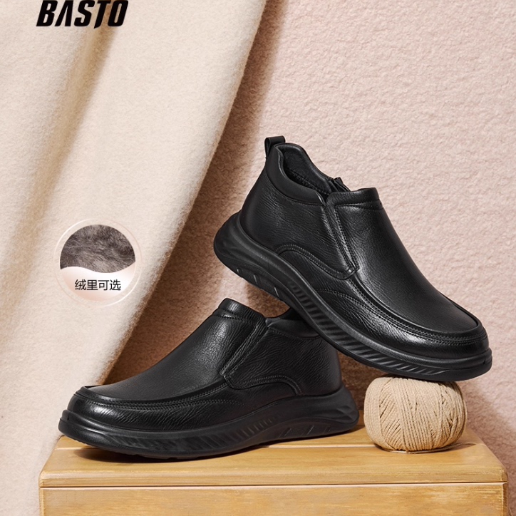 专柜正品百思图2025冬新款男鞋厚底加绒保暖商务休闲皮鞋91131DD5