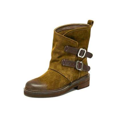 思加图2025新款复古棕色西部靴牛仔靴中靴时装靴粗跟女靴C0085DZ5