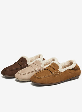 百思图2025冬季新款真皮加绒保暖毛毛乐福鞋舒适女单鞋UXE06DA5