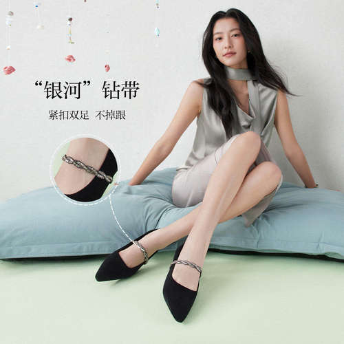 百思图26夏商场新款尖头粗跟绒面高跟鞋玛丽珍法式女单鞋W0128AQ6