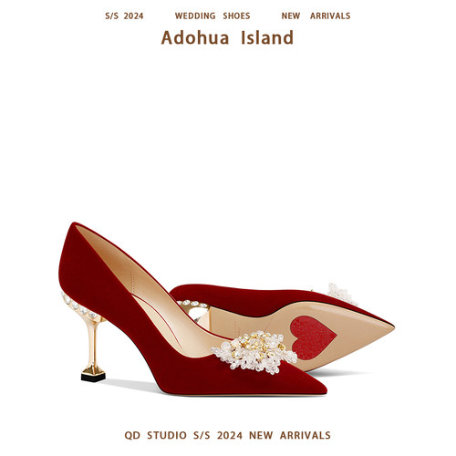 结婚鞋禾秀婚纱两穿孕妇红色高级感小众新娘鞋法式绝美闪钻高跟鞋