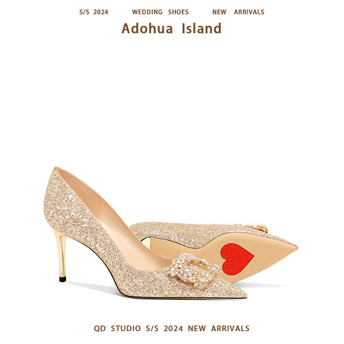 法式婚鞋禾秀婚纱两穿舒适新娘鞋高级感金色高跟闪钻水晶结婚鞋女