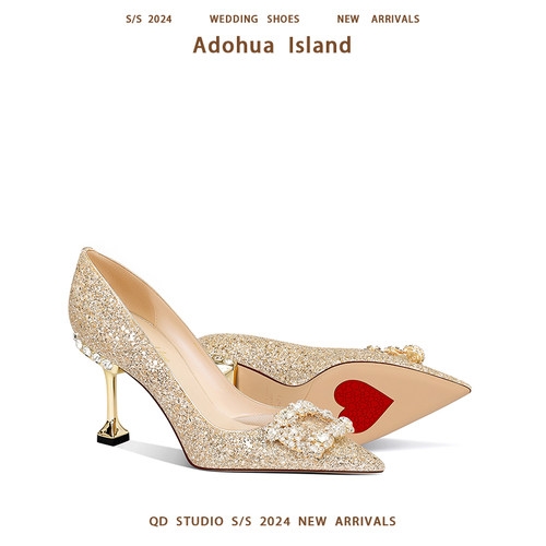 结婚绝美婚鞋女2025新款新娘鞋不累脚主婚纱金色高级感水晶高跟鞋