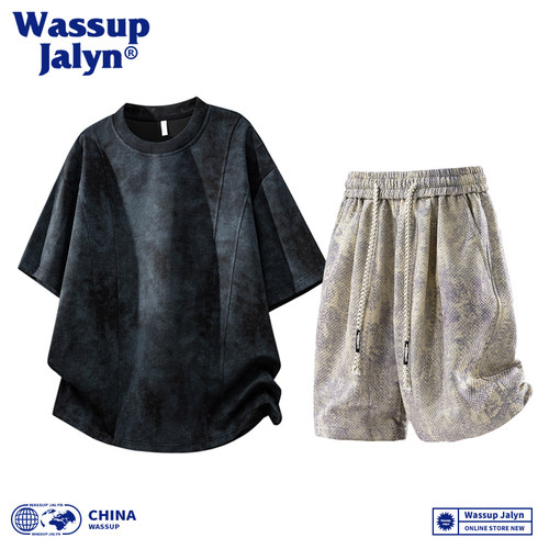 WASSUP JALYN美式短袖T恤套装男夏季潮牌宽松半袖休闲短裤两件套