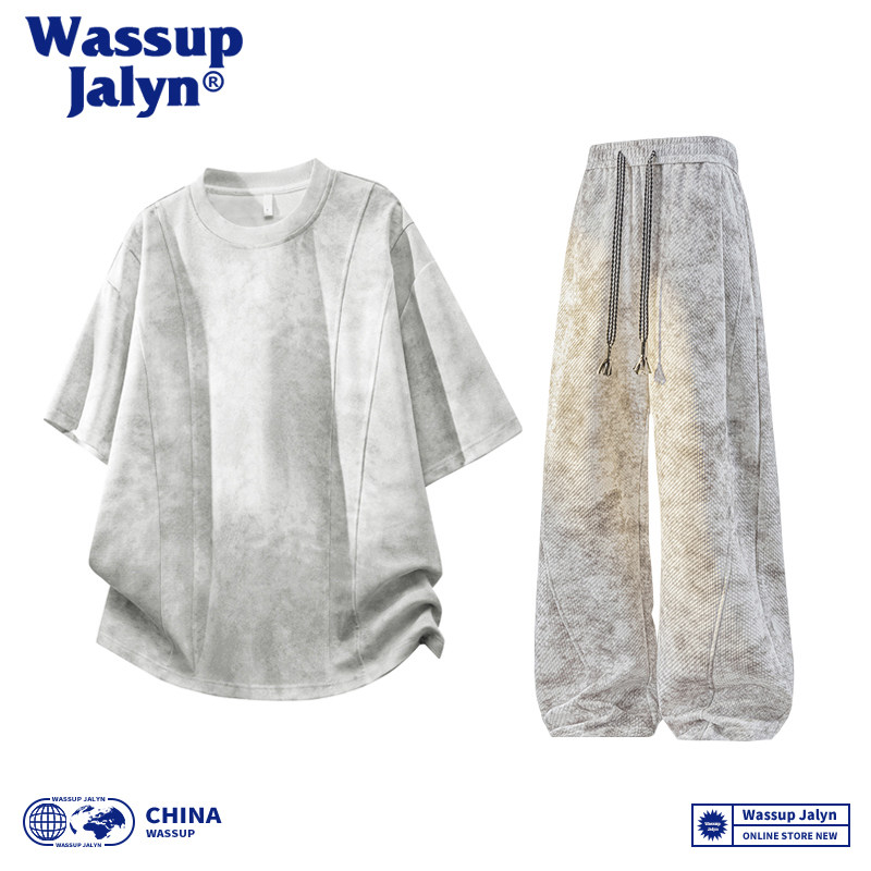 WASSUP JALYN美式高街做旧扎染圆领短袖套装男夏季休闲运动两件套