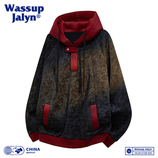 WASSUP JALYN美式拼接扎染连帽卫衣男士秋冬加绒加厚休闲宽松上衣