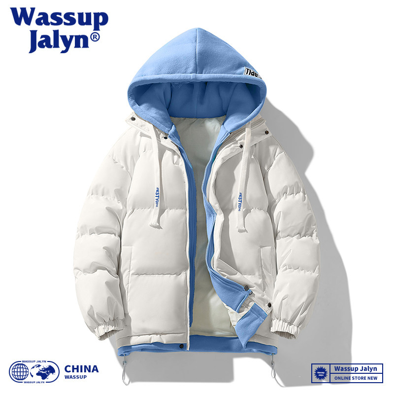 WASSUP JALYN假两件棉衣男连帽冬季情侣羽绒棉保暖加厚宽松棉外套