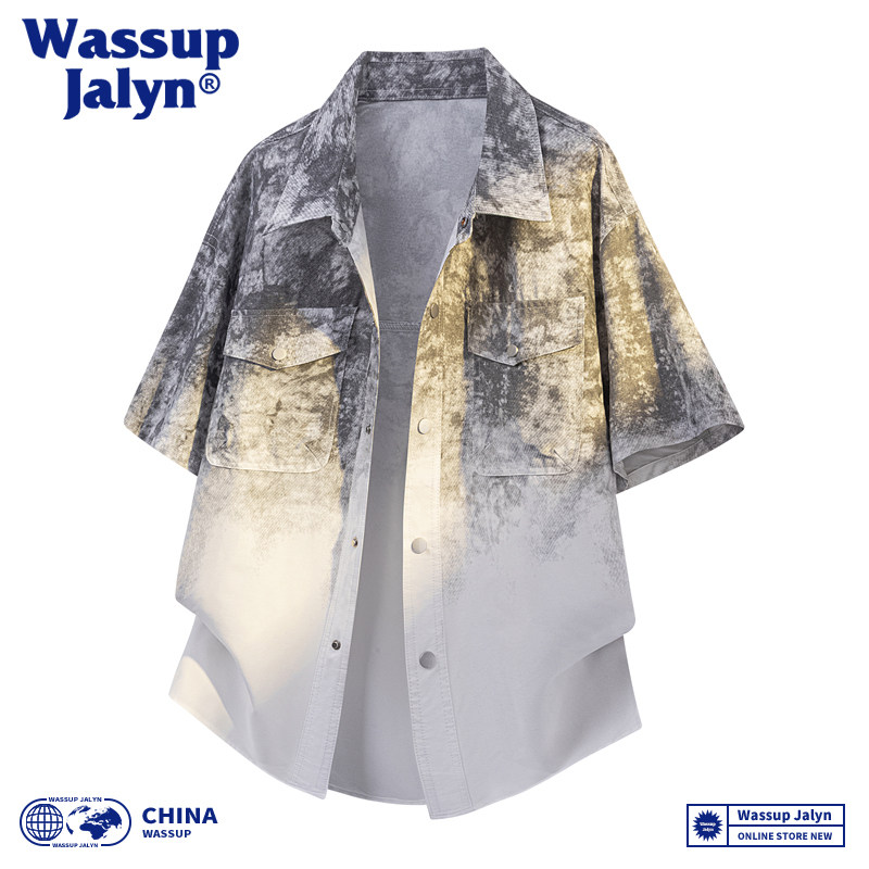 WASSUP JALYN扎染渐变短袖衬衫潮牌男夏季新款美式工装高街风上衣图片