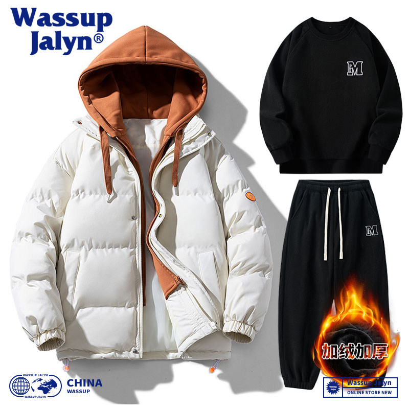 WASSUP JALYN棉衣套装男女假两件连帽秋冬羽绒棉服加厚情侣三件套