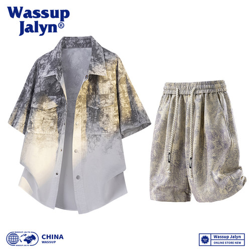 WASSUP JALYN潮牌简约休闲套装男夏季渐变色短袖衬衫五分裤两件套