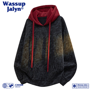 WASSUP JALYN美式拼接扎染连帽卫衣男秋冬加绒加厚休闲宽松情侣衫