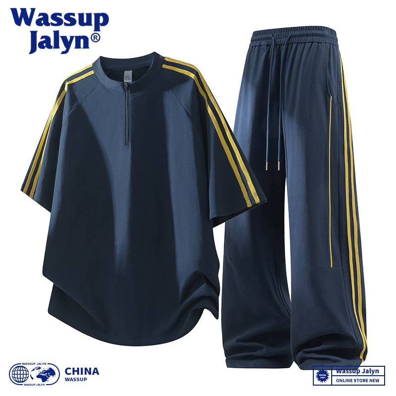 WASSUP JALYN美式潮流上衣直筒裤男款夏季冰感运动短袖卫裤套装男