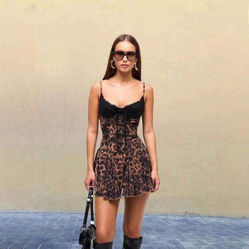 High-waisted leopard print lace dress 高腰豹纹蕾丝拼接连衣裙