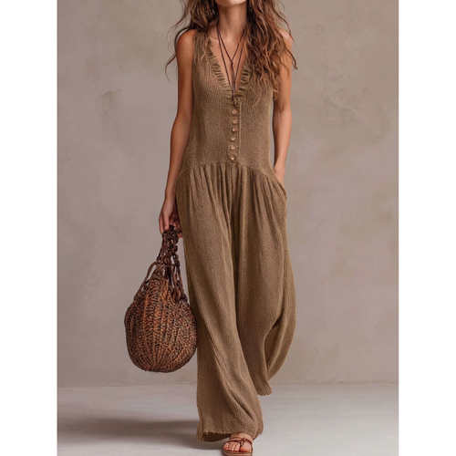 V领休闲宽松连体阔腿裤女 V-neck loose jumpsuit wide leg pants