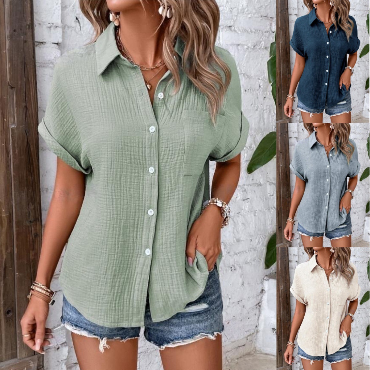 Ladies' casual solid color button up shirt休闲纯色纽扣衬衣女