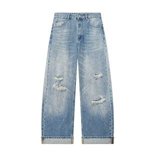 with jeans ripped edges rolled 破洞卷边牛仔裤 and Loose