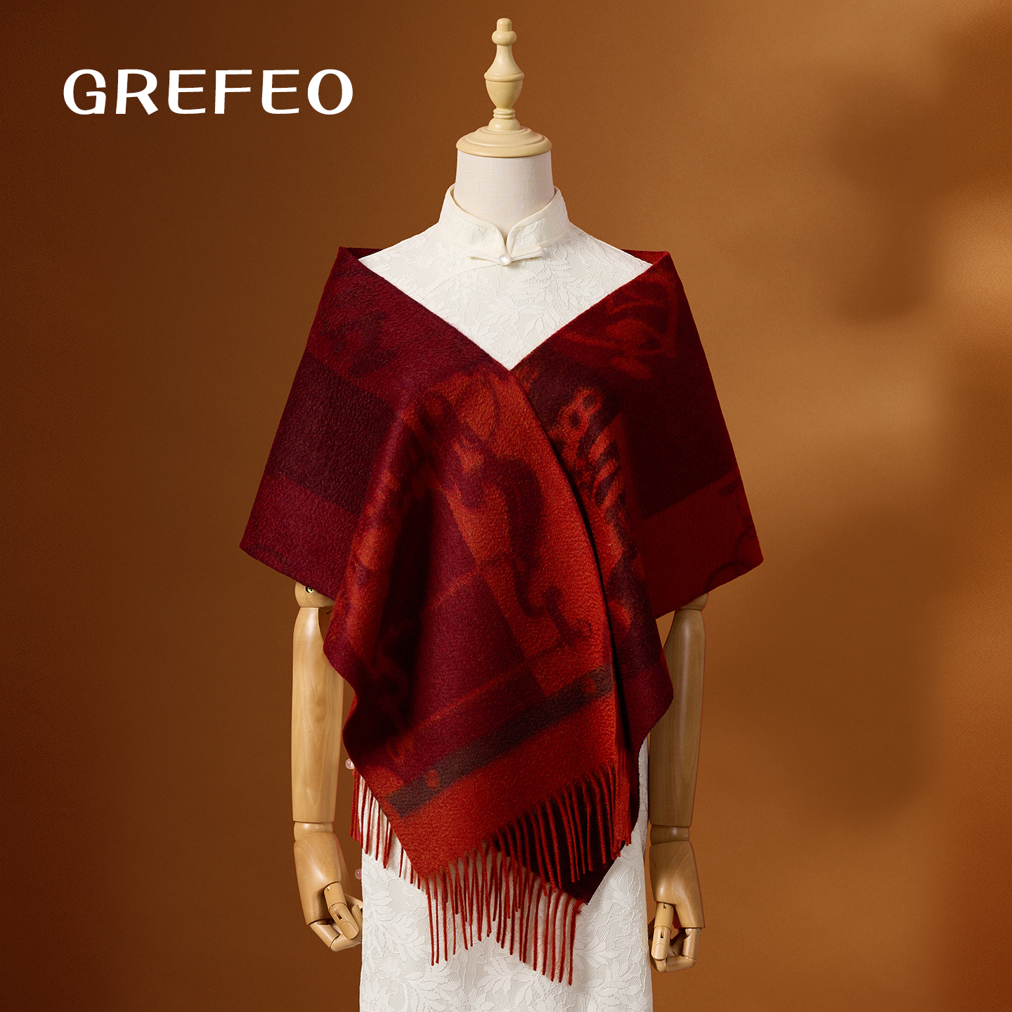 高级感酒红色100%羊绒围巾女冬季婚宴旗袍披肩女送妈妈喜婆婆围脖