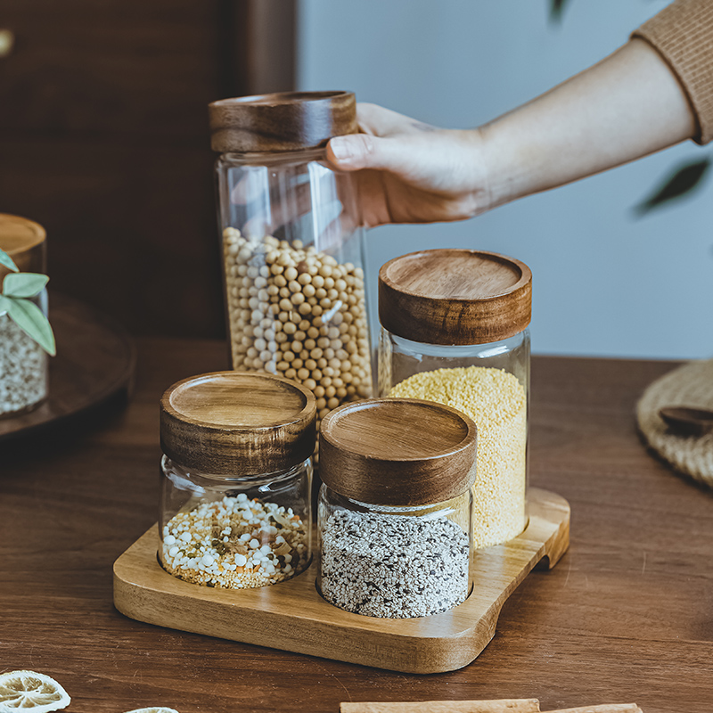 相思木玻璃储物罐实木分格套装